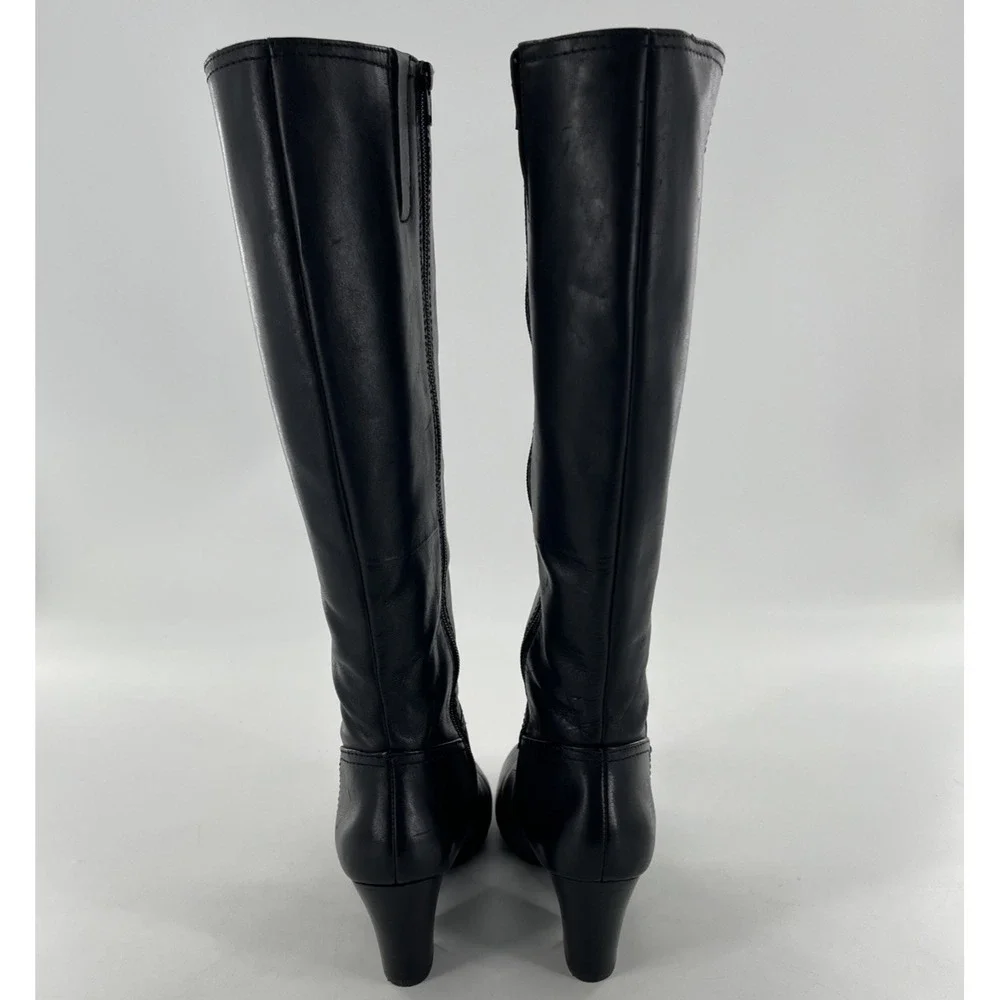 Nine West Knee High Leather Tall Dress Boots Black 9 Mid Heel Side‎ Zip Alysia